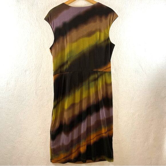 London Times Psychedelic Midi Dress Sz 14 Retro Disco Cyber Faux Wrap Office - Picture 7 of 16